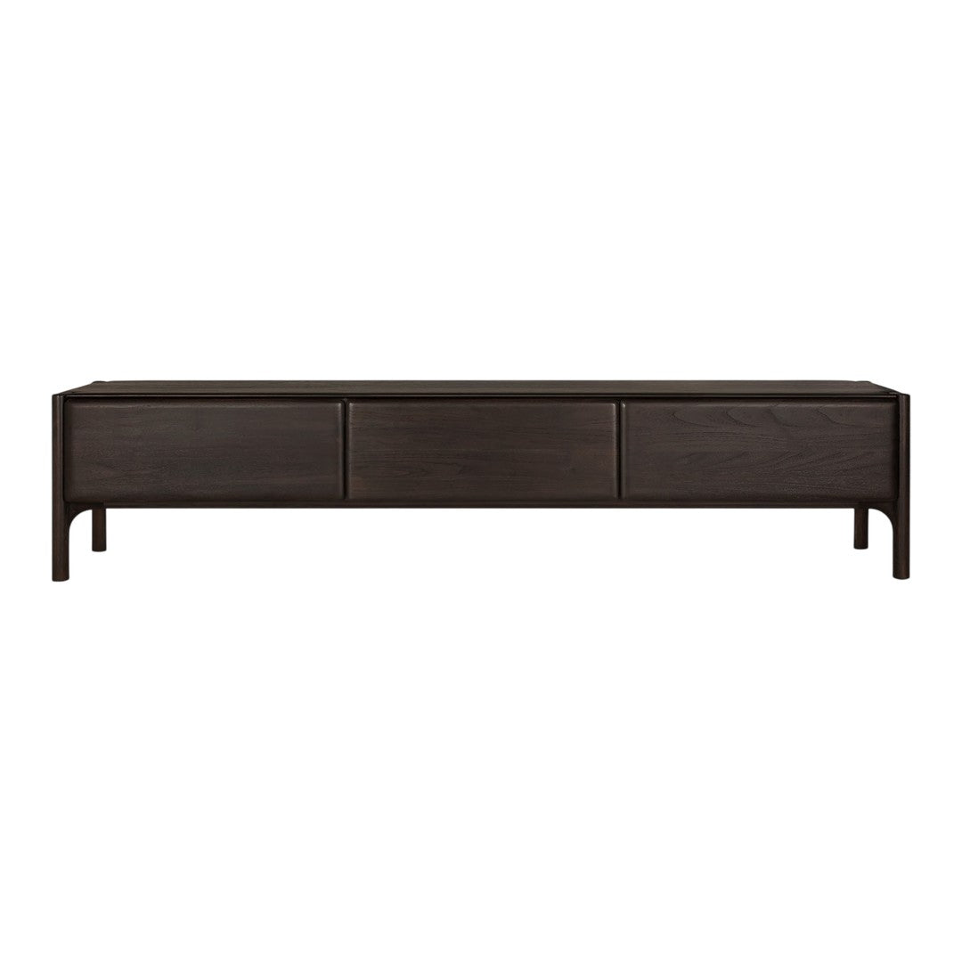 Elegant dark wood TV console with a sleek, minimal design and three spacious drawers. Perfect for modern interiors.