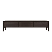 Elegant dark wood TV console with a sleek, minimal design and three spacious drawers. Perfect for modern interiors.