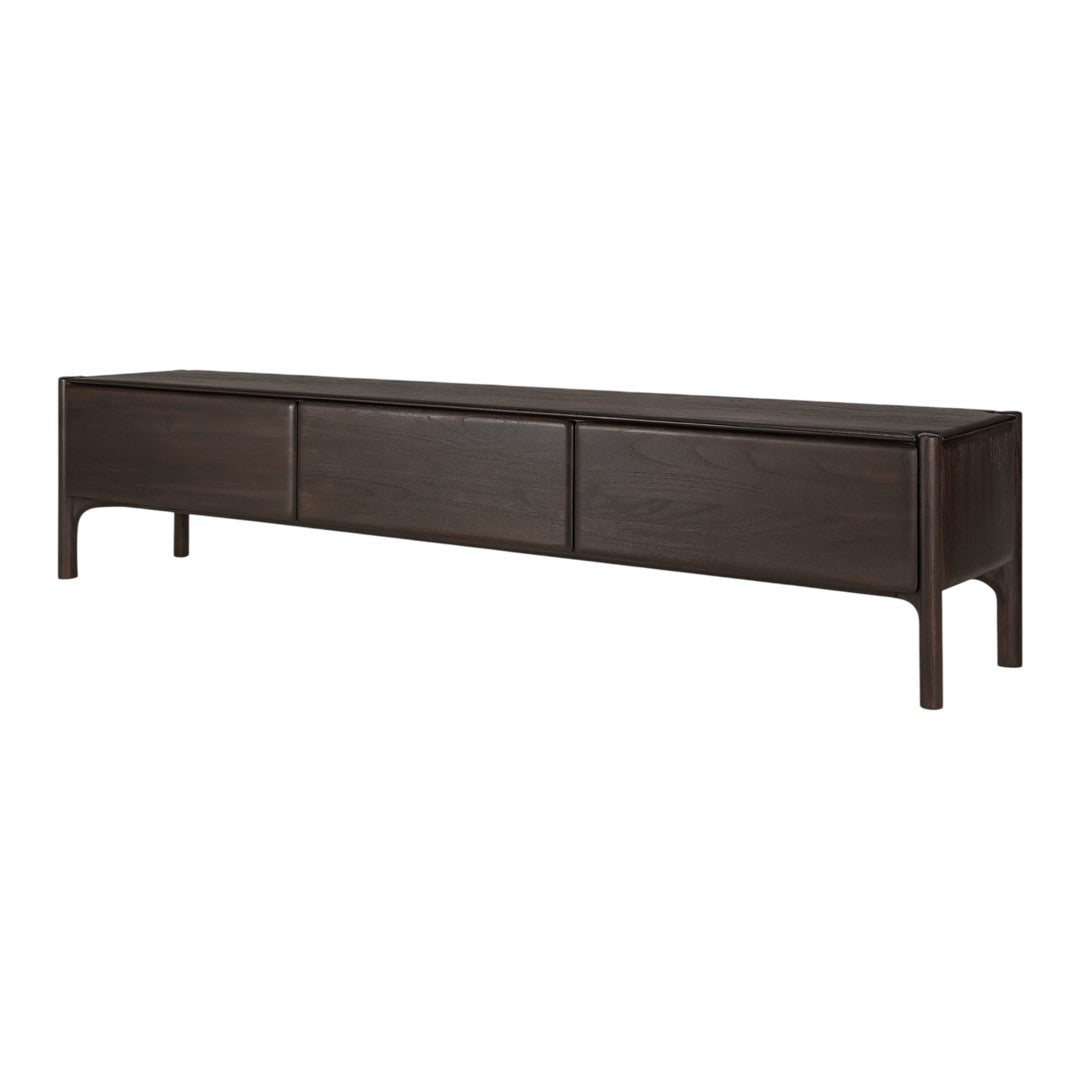 Dark brown wooden media console with a sleek, minimalist design and smooth, matte finish.