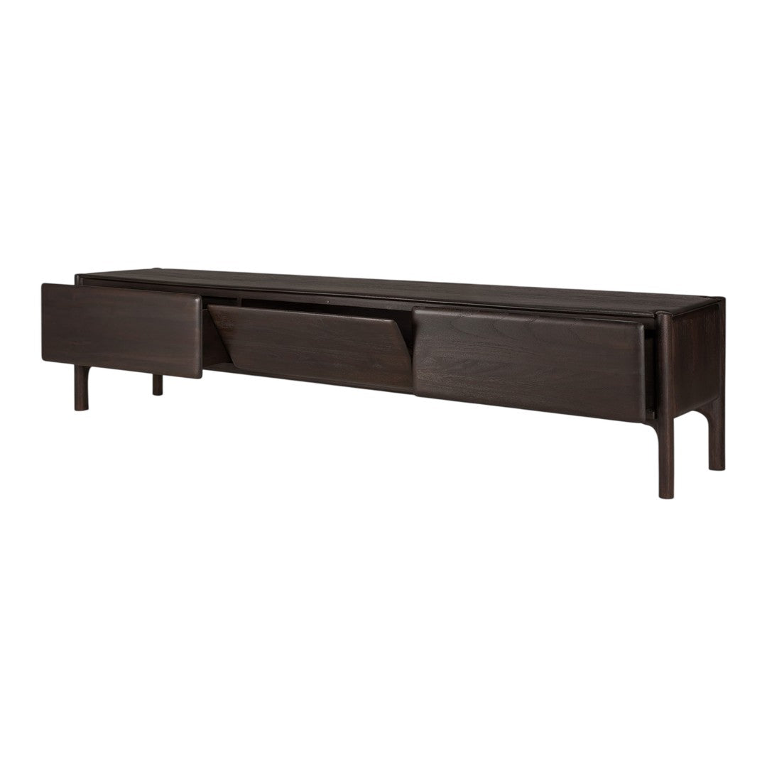 Dark wooden TV stand with a sleek, minimalistic design and smooth, matte finish. Features subtle grain patterns.