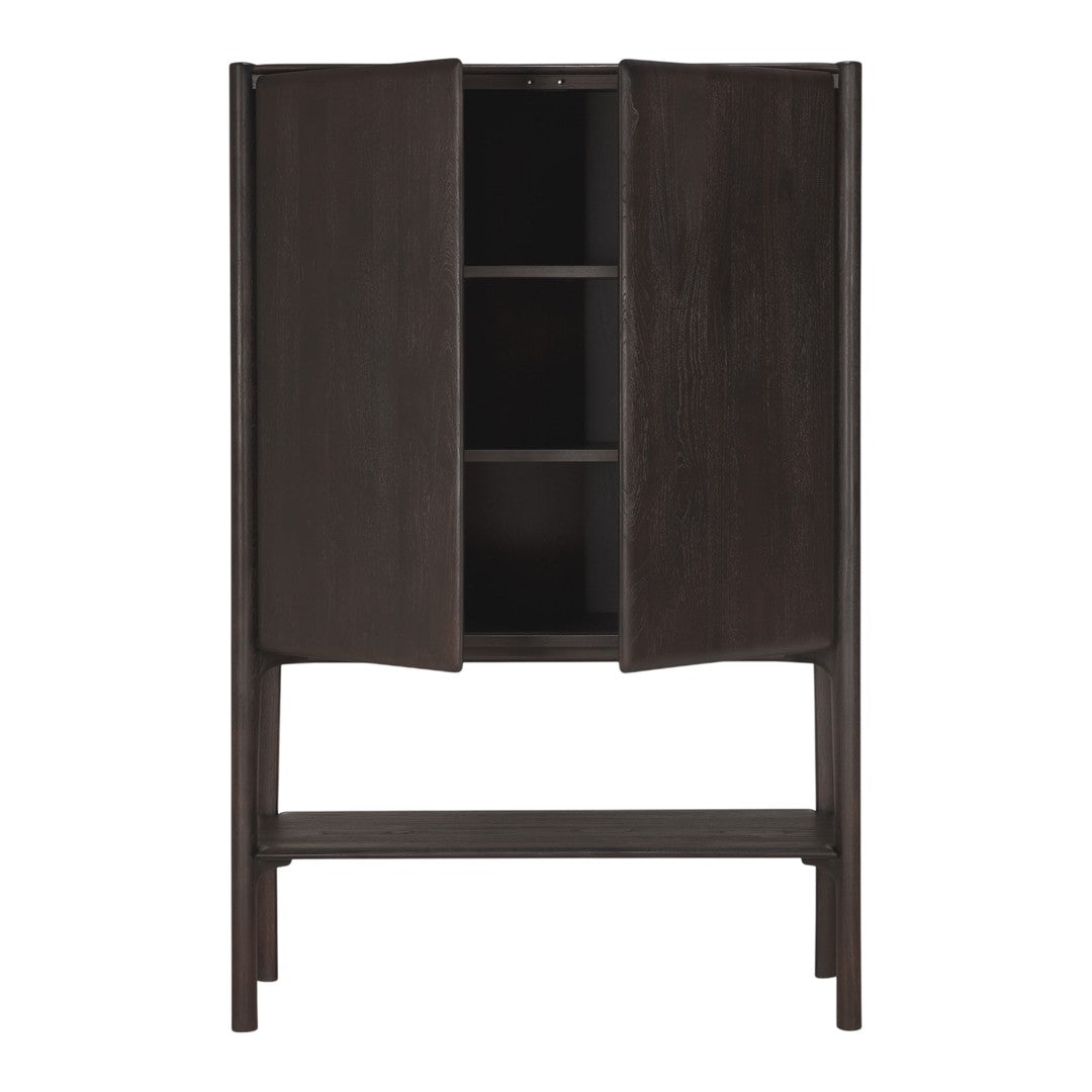 Dark wood cabinet with a smooth finish and minimalist design, featuring two doors and three shelves.