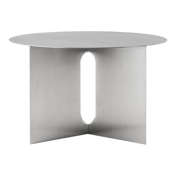 Sleek silver round side table with minimalistic design and unique cutout pattern, perfect for modern decor.