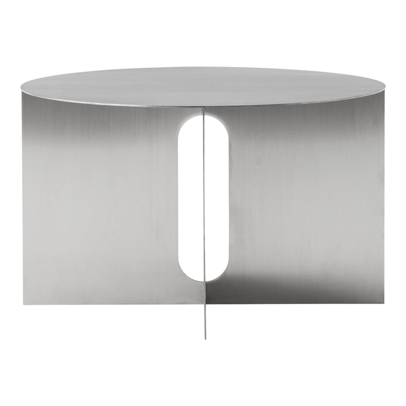 Sleek stainless steel table with a smooth, brushed finish and a unique cutout pattern for modern decor.