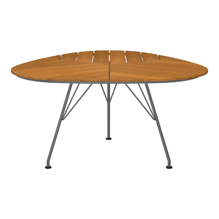 Round wooden table with a slatted top in a warm brown shade and sleek gray metal legs. Modern and stylish design.
