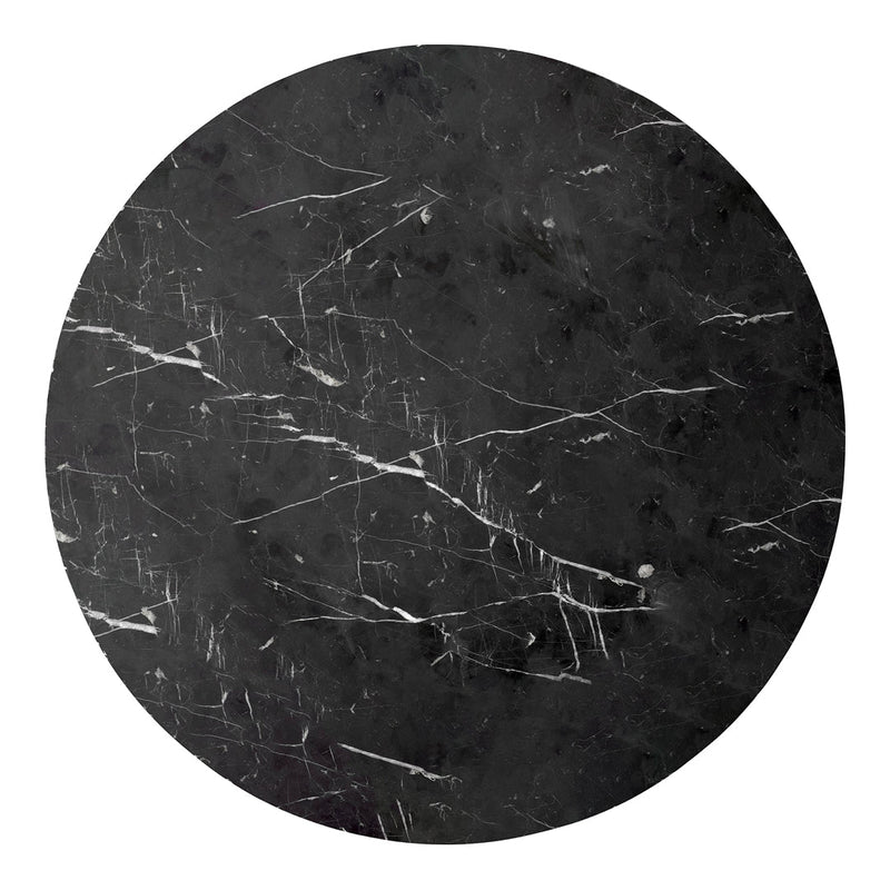 Round black marble surface with striking white veining patterns. Elegant and modern design for upscale decor.