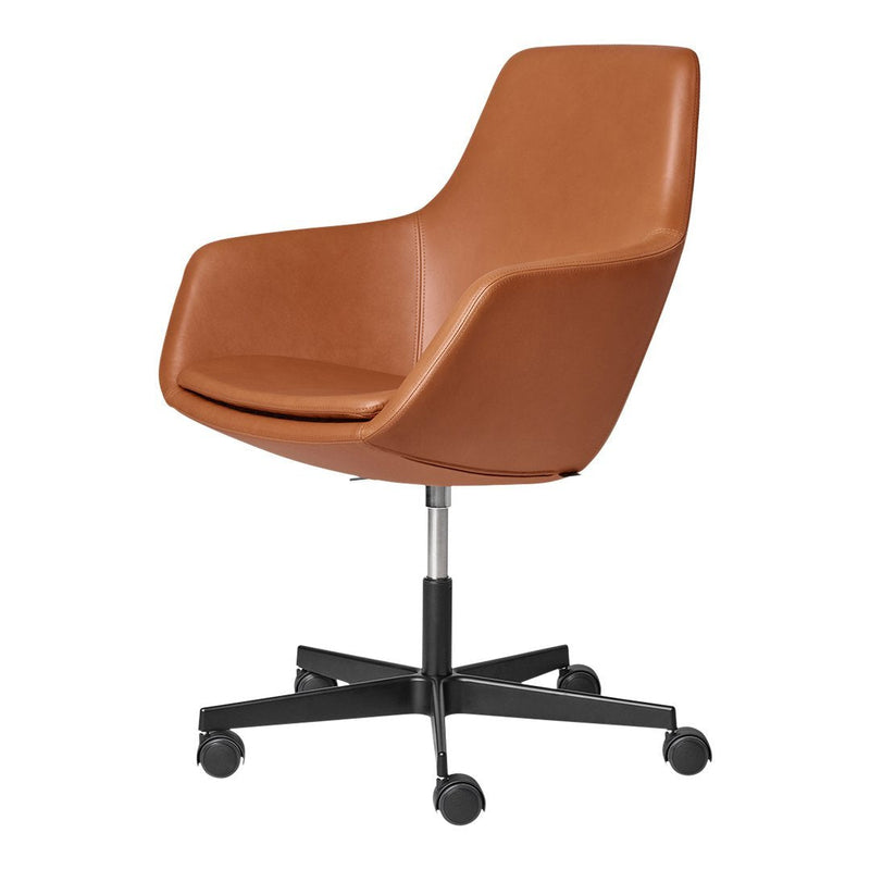 Brown leather swivel chair with a sleek, modern design and black rolling base. Perfect for stylish office decor.