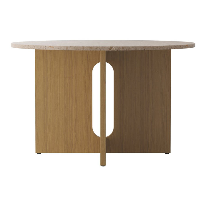 Round wooden table with a light wood grain finish and a subtle beige stone top, featuring a geometric cutout design.