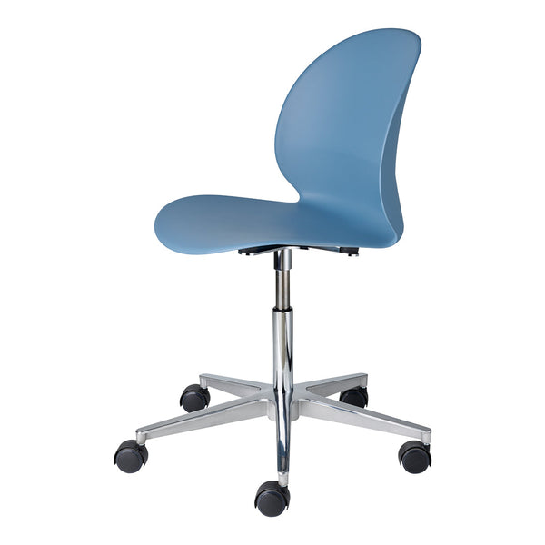 Light blue ergonomic office chair with a smooth surface and sleek chrome base, perfect for modern workspaces.