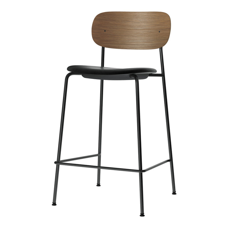 Modern bar stool featuring a warm wood backrest and sleek black seat with minimalist metal legs.