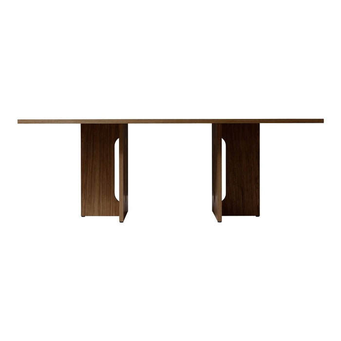 Walnut finish table with sleek, modern design and smooth, minimalist lines. Perfect for contemporary spaces.