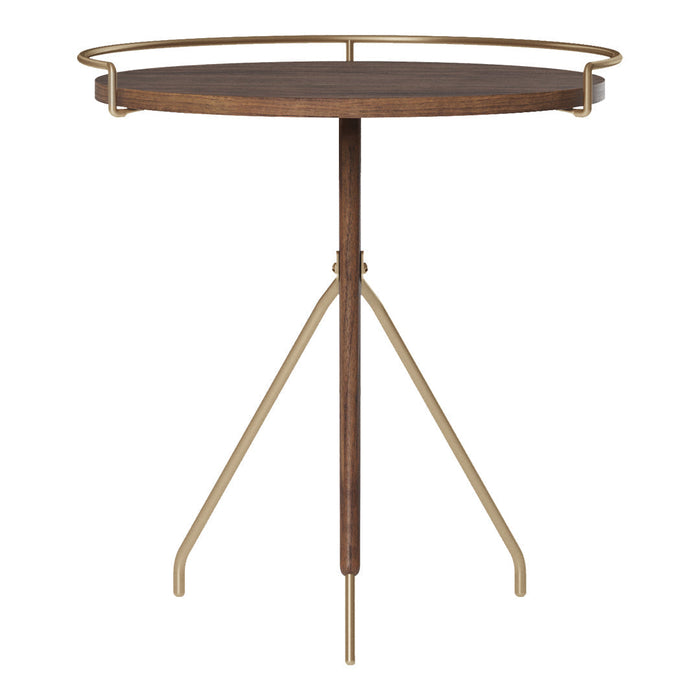 Round wooden side table with a dark brown top and gold metal legs, featuring a sleek, modern design.