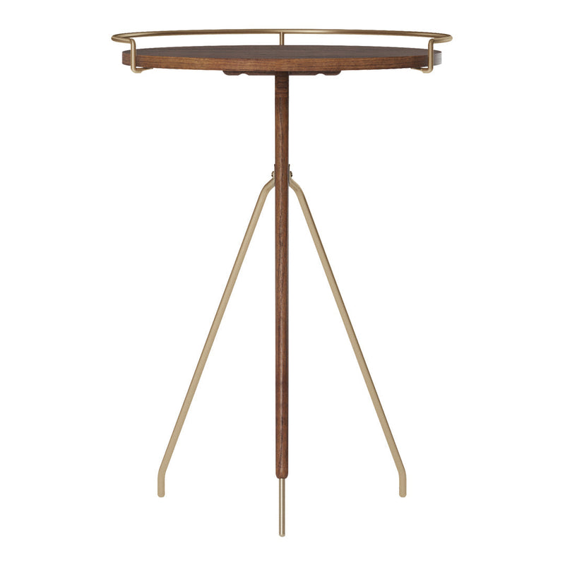 Round wooden tray table with a rich brown finish and elegant gold accents, featuring a modern minimalist design.