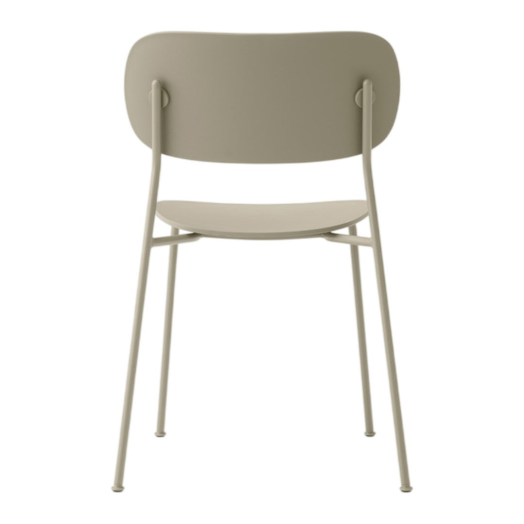 Back view of a minimalist chair in soft beige, featuring a smooth, solid pattern with sleek metal legs.