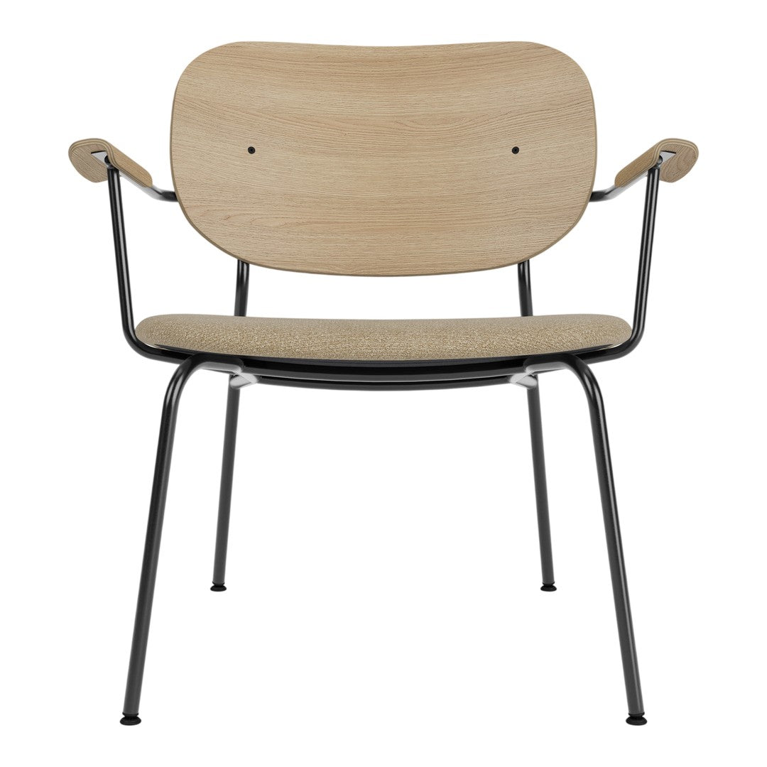 Wooden chair with a light natural wood finish and black metal legs, featuring a simple, minimalist design.