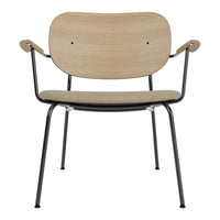 Wooden chair with a light natural wood finish and black metal legs, featuring a simple, minimalist design.