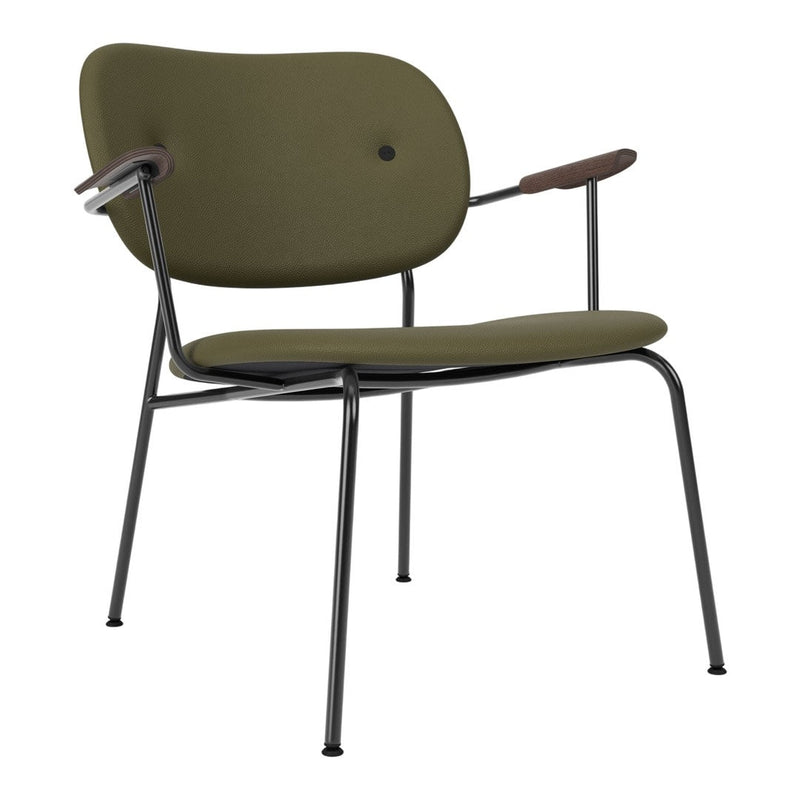 Olive green chair with wooden armrests and a sleek black metal frame. Modern design with minimalist style.