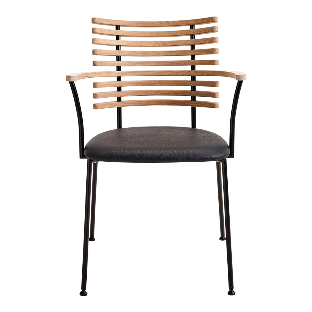 Wooden slatted backrest in natural tones, black seat cushion, and sleek black metal legs. Modern design aesthetic.