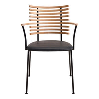 Wooden slatted backrest in natural tones, black seat cushion, and sleek black metal legs. Modern design aesthetic.