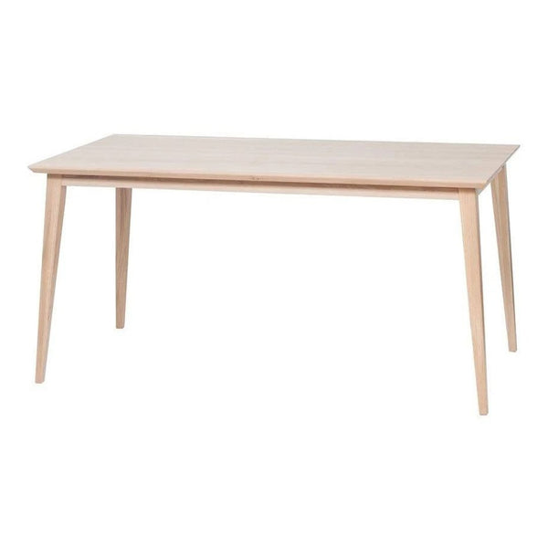 Light wood dining table with a smooth, natural finish and minimalist design, featuring tapered legs for a modern look.
