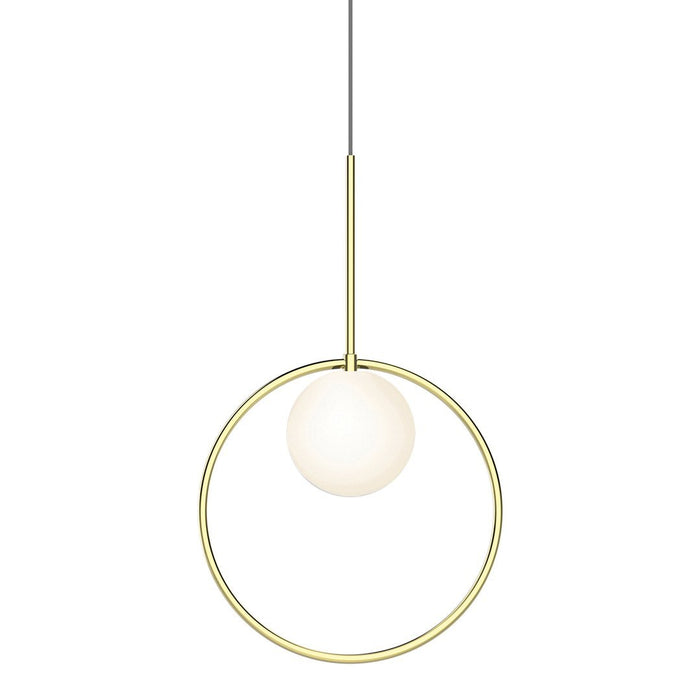 Modern gold pendant light with a circular frame and a white globe, featuring a minimalist design.