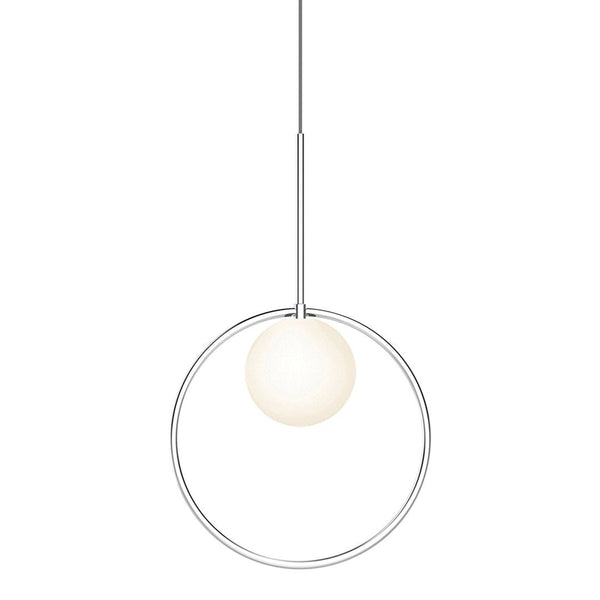 Modern pendant light with a sleek white orb and minimalist silver circular frame, perfect for contemporary decor.