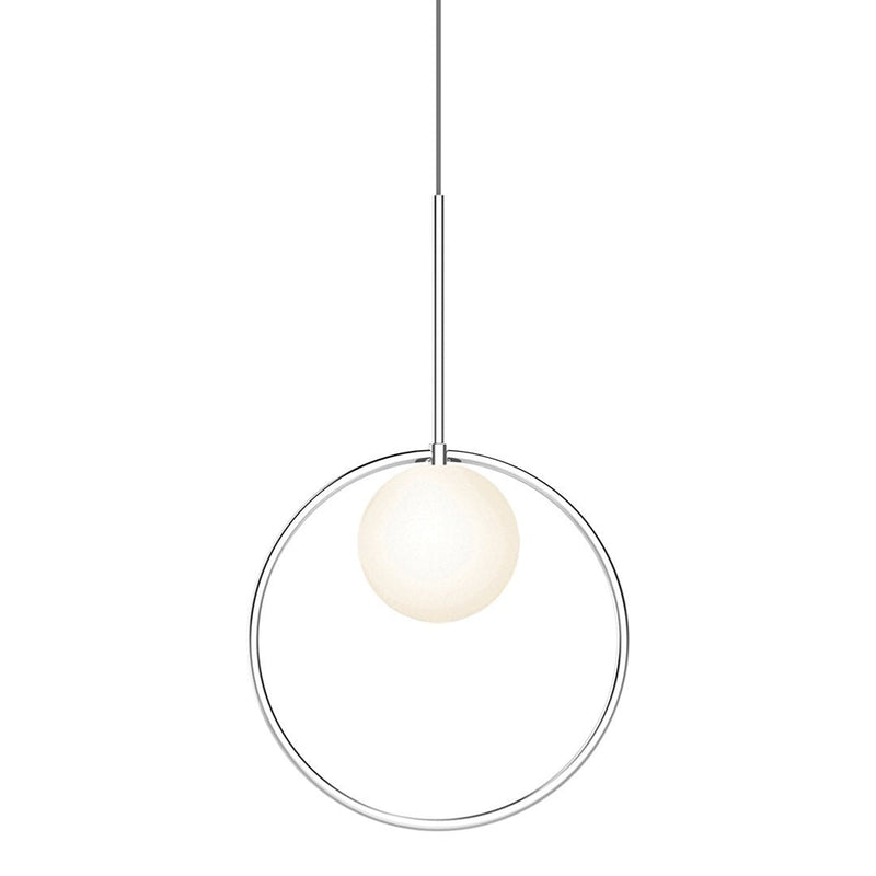 Modern pendant light with a sleek white orb and minimalist silver circular frame, perfect for contemporary decor.