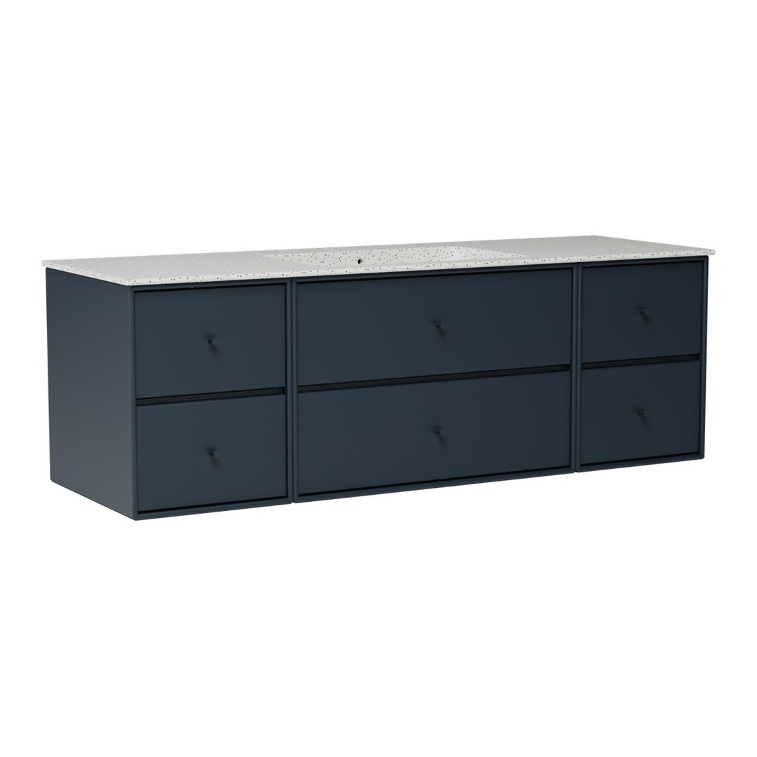 Navy blue dresser with a sleek, minimalist design and six spacious drawers, topped with a light-colored countertop.