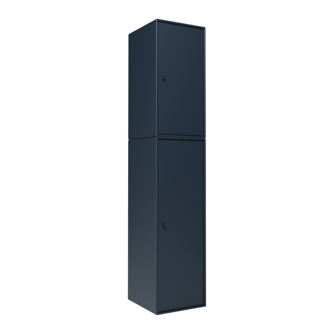 "Modern navy blue storage cabinet with a sleek, minimalist design and smooth finish."