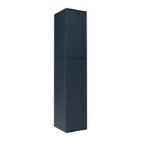 "Modern navy blue storage cabinet with a sleek, minimalist design and smooth finish."