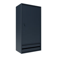 Sleek navy blue cabinet with a minimalist design and smooth, solid surface. Features a simple vertical line pattern.