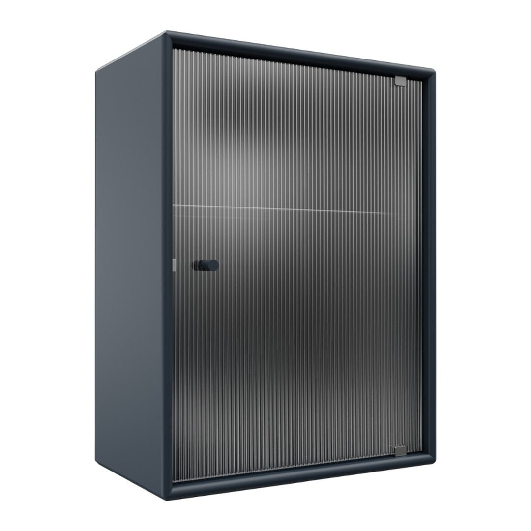 Blue storage cabinet with a sleek, ribbed steel door for a modern look. Ideal for stylish organization.