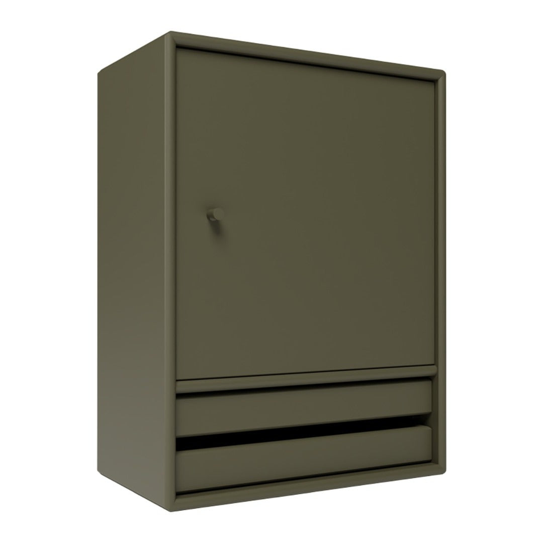 Olive green storage cabinet with a smooth, matte finish and simple, modern design. Ideal for home or office use.