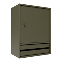 Olive green storage cabinet with a smooth, matte finish and simple, modern design. Ideal for home or office use.