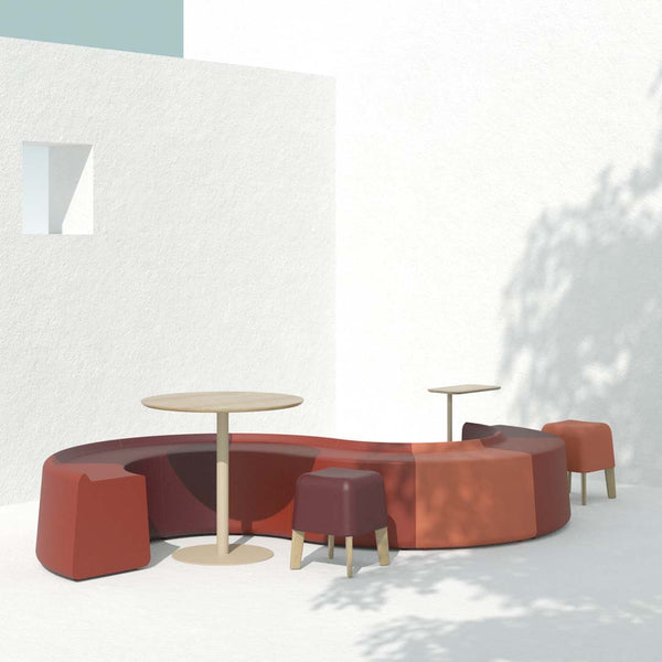 Modern seating set featuring warm reds and earth tones with a minimalist design against a white background.
