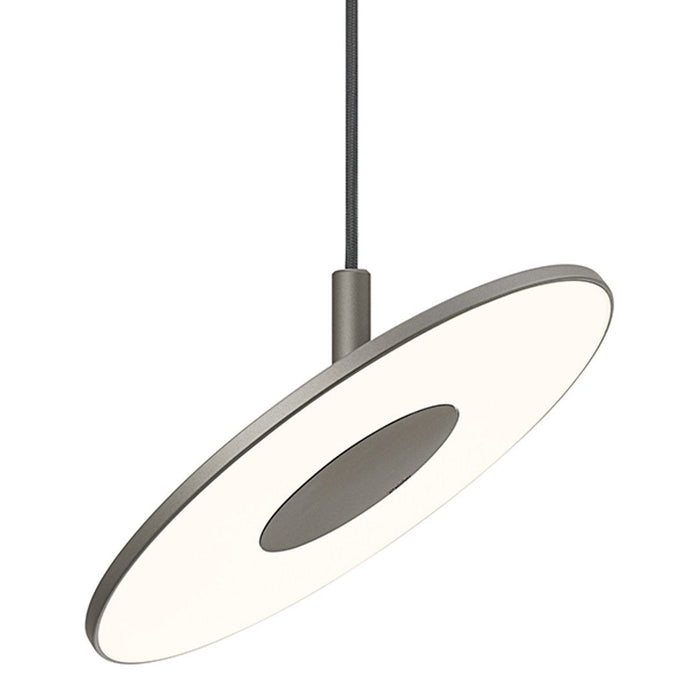 Sleek, oval pendant light in matte gray with a glowing white center, perfect for modern decor.