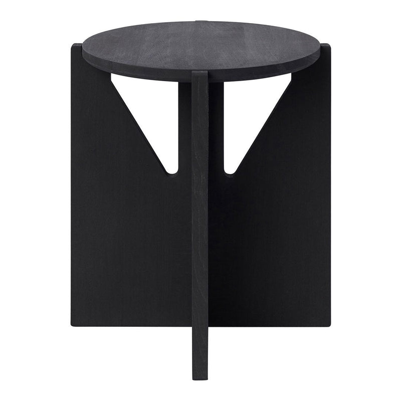 Black round side table with minimalist geometric patterns and a sleek, modern design. Perfect for contemporary decor.