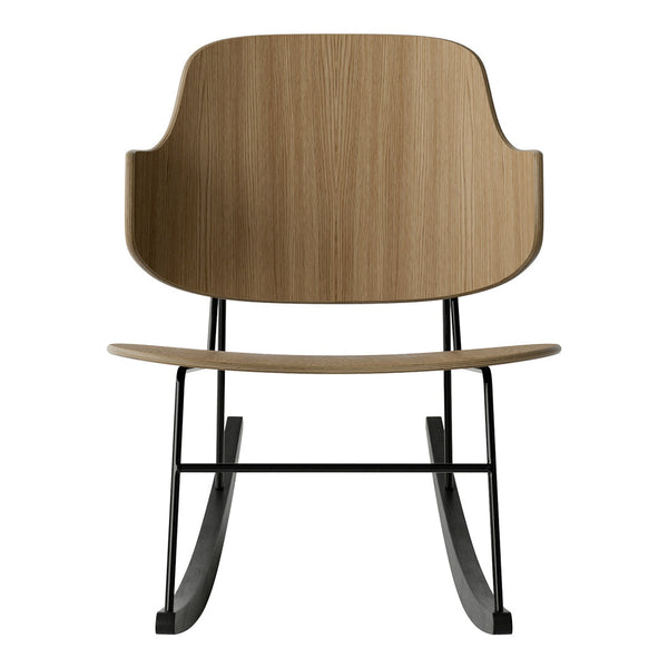 Natural wood finish rocking chair with minimalist black metal accents, featuring smooth, sleek lines.