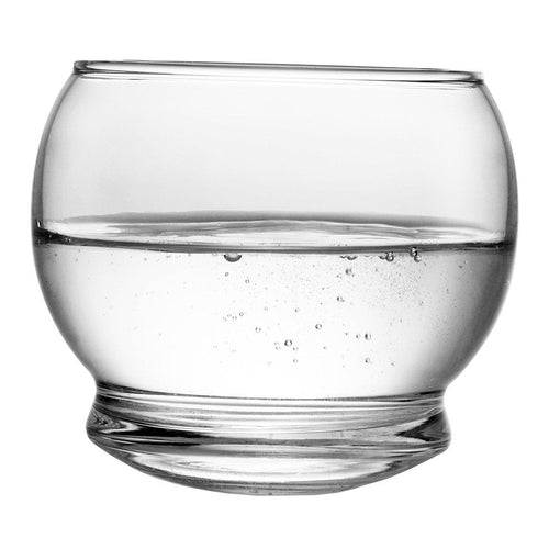 Clear glass bowl with a smooth curved shape, holding sparkling water, minimalistic and elegant design.