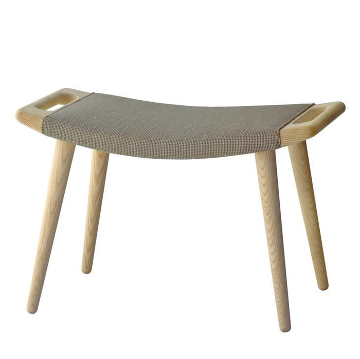Light wooden legs with a curved, gray fabric seat; minimalist design with natural colors and clean lines.