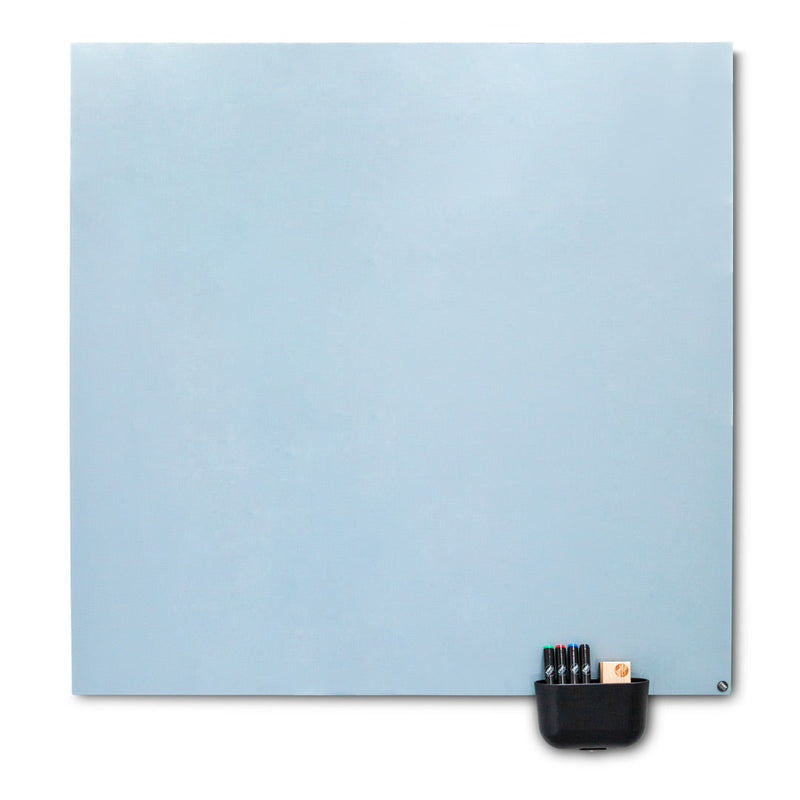 Light blue square board with a smooth texture and a black holder for markers at the bottom.