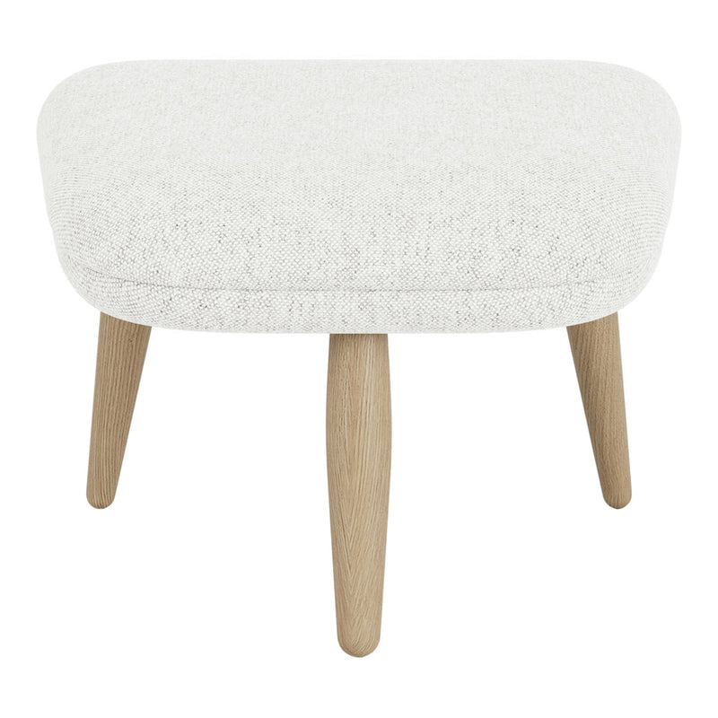 Light gray textured ottoman with natural wood legs, featuring a soft, rounded design.