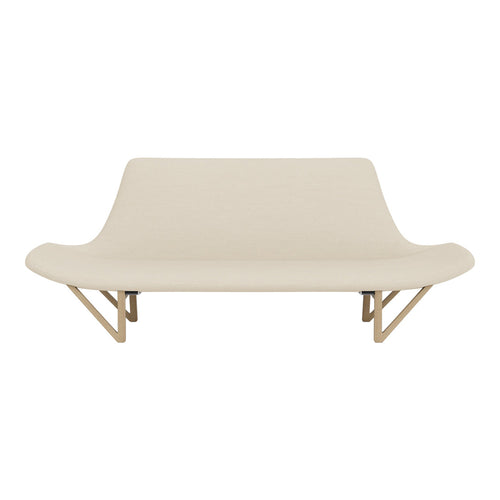 Beige modern sofa with smooth fabric and clean lines, featuring a minimalist design and natural wood legs.