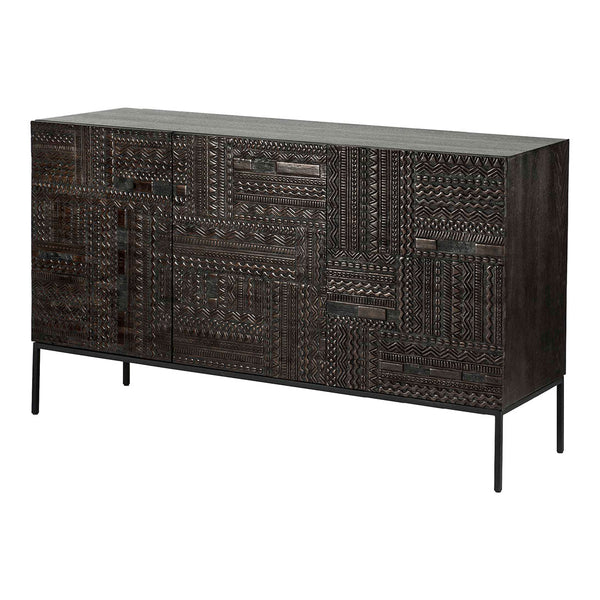 Dark wood sideboard with intricate textured patterns and a sleek design, featuring black metal legs.