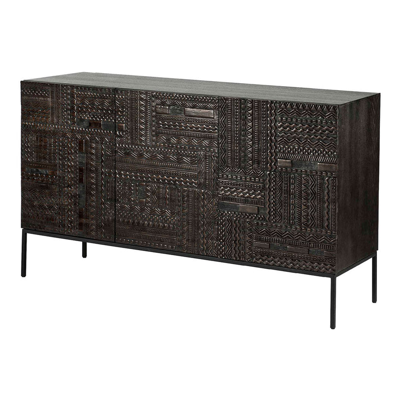 Dark wood sideboard with intricate textured patterns and a sleek design, featuring black metal legs.
