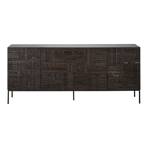 Dark wood sideboard with intricate textured patterns and sleek black metal legs. Perfect for modern decor.