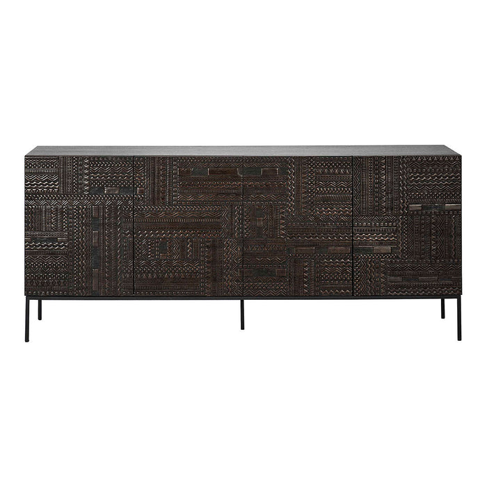 Dark wood sideboard with intricate textured patterns and sleek black metal legs. Perfect for modern decor.