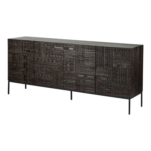 Dark wood sideboard with intricate geometric patterns and a sleek black top, complemented by slim metal legs.