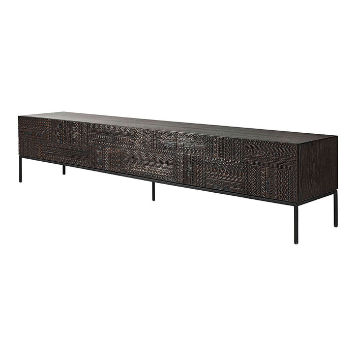 Dark brown sideboard with intricate carved patterns and sleek black metal legs, adding a touch of elegance to any space.