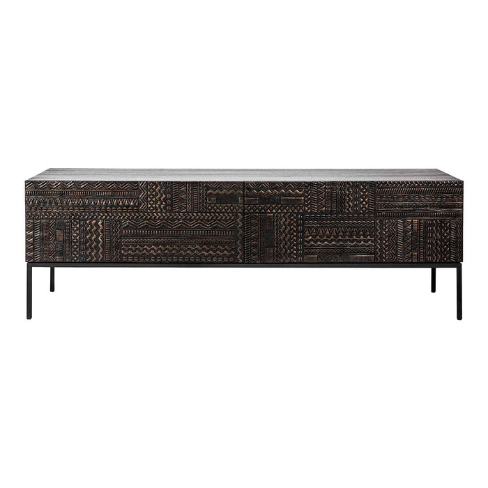 Dark wooden cabinet with intricate textured patterns and a sleek black metal base. Perfect for modern decor.