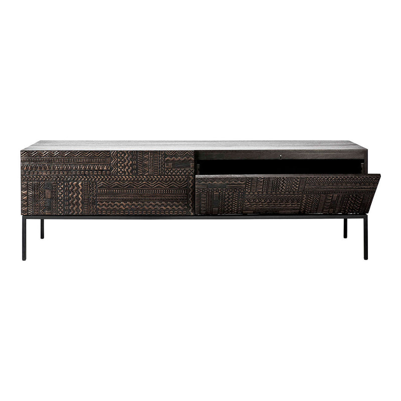 Stylish black media console with intricate woven patterns and sleek metal legs, perfect for modern decor.